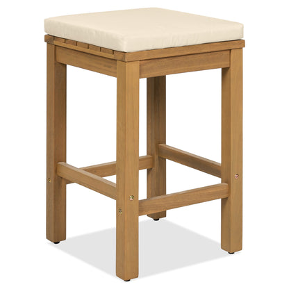 5 Piece Outdoor Bar Set, Patio Acacia Wood Bar Height Table & Four Stools With Cushions, Wood Dining Bar Set for Backyar