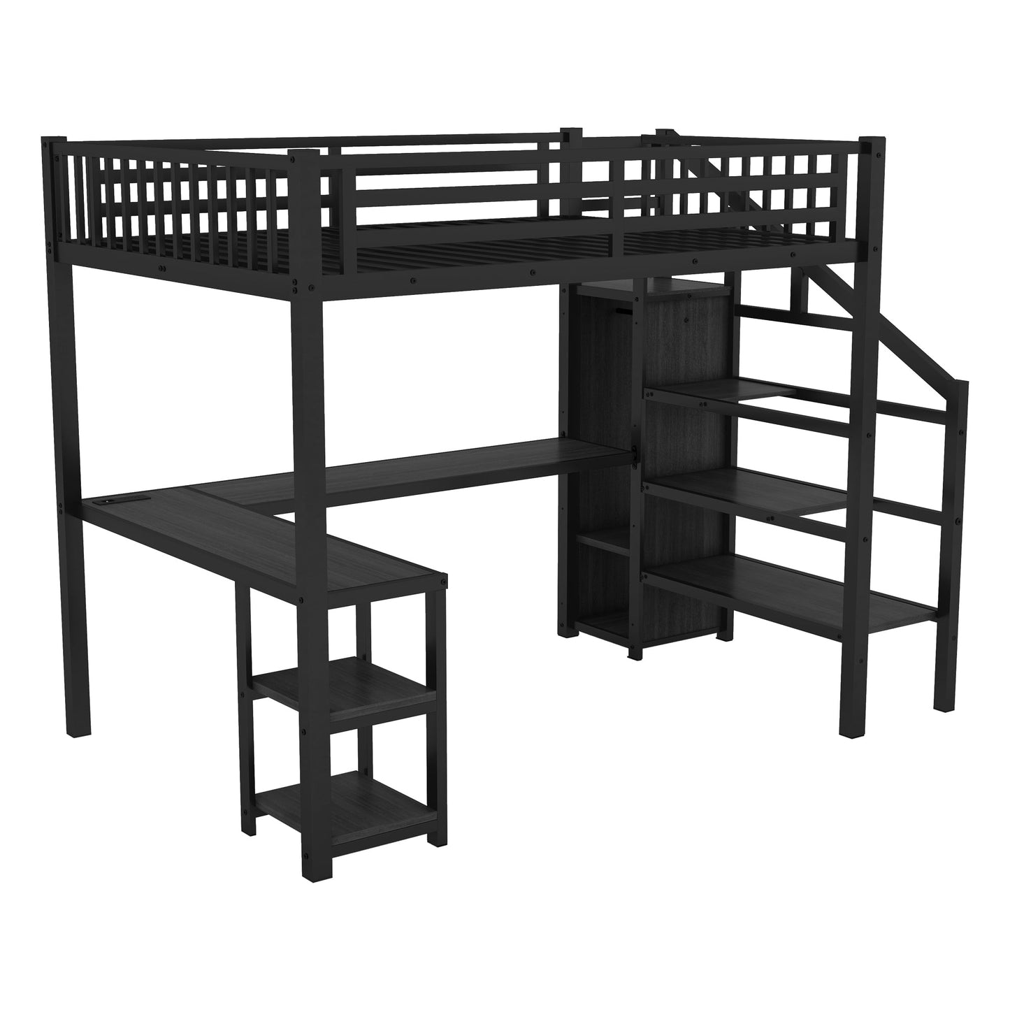 Metal Full Loft Bed With Wardrobe and LED Light, Full Size Loft Bed With L Shaped Desk and USB for Kids Teens Adults, Bl