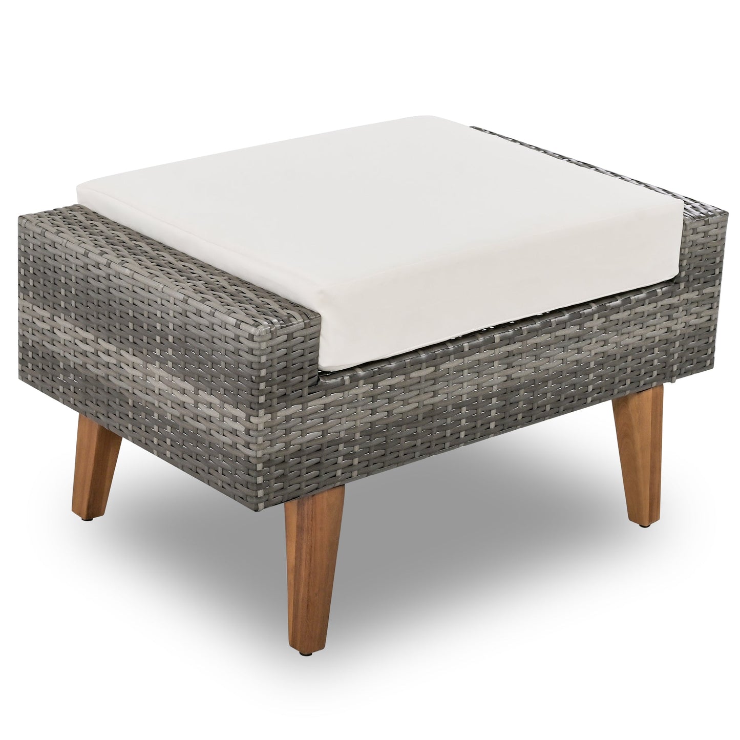 6-Pieces All Weather PE Wicker Sofa Set, Outdoor Rattan Sofa With Double Cushions, Wood Legs Wood Table Top, Beige and G