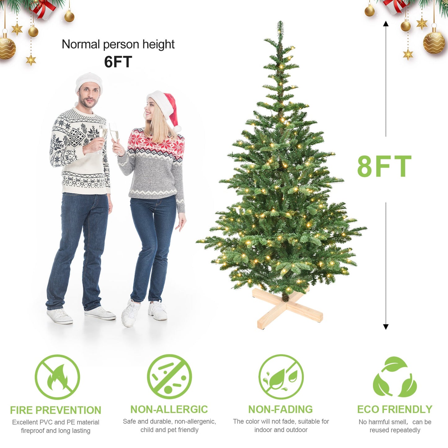6ft Pre-Lit Christmas Tree With 300 Warm White LED Lights, 611 PE+PVC Tips, Realistic Layered Look, Unique Wooden Base –