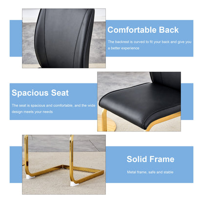Luxurious and Minimalist Chair Covers, 2 High Elasticity Dining Chairs, Black PU Material, Metal Gold Arched Legs.