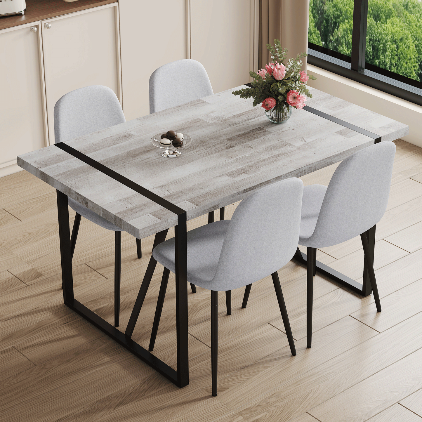 Table and Chair set.A Minimalist Retro Rectangular Dining Table With a Specially Textured Top and Black Metal legs.Paire