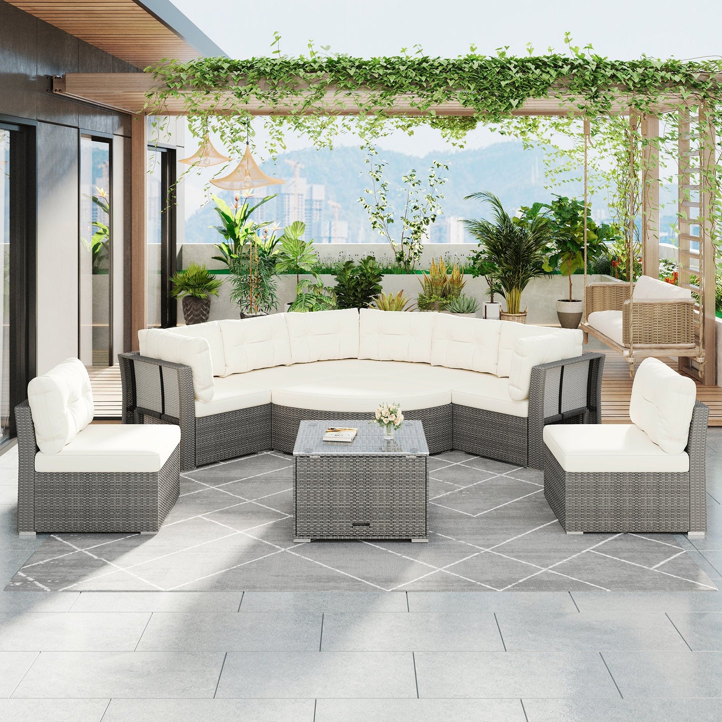 Patio Furniture Set Outdoor Daybed Rattan Sectional With Cushions and Center Table, Beige, Iron & Rattan, Multiple Sizes