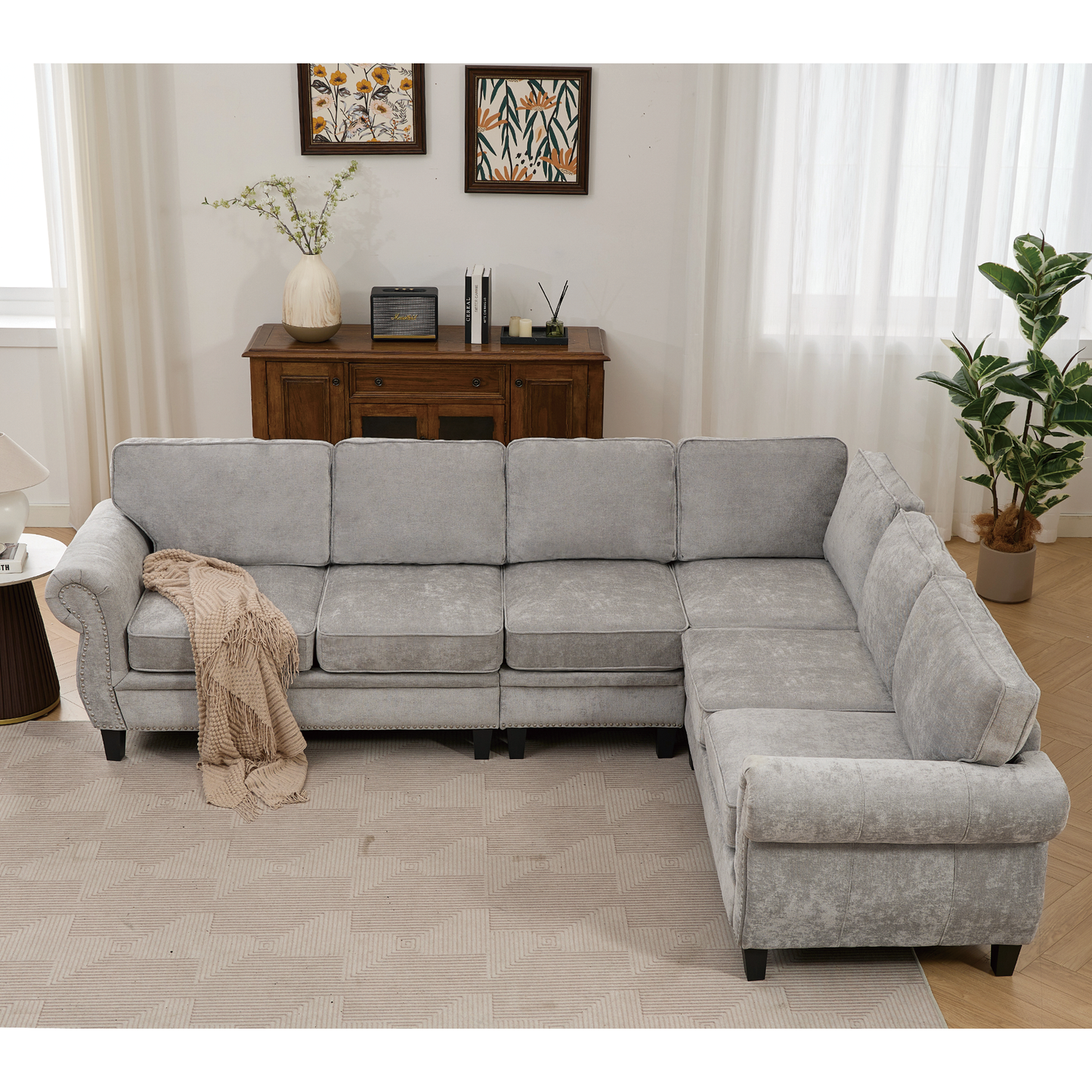 109.5' Modular Sectional Sofa , Rivets Decorated & Rolled Armrest,L Shaped Couch for Living Room, Corner Couch, Chenille