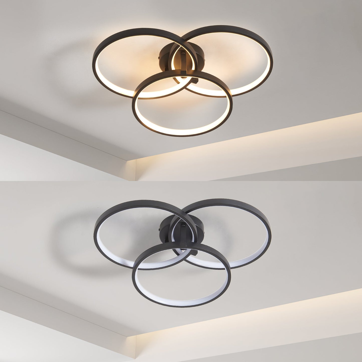 20' Modern Black LED Ceiling Light, 3-Ring Flush Mount Fixture for Living Room, Bedroom, or Dining Room, Sleek and Energ