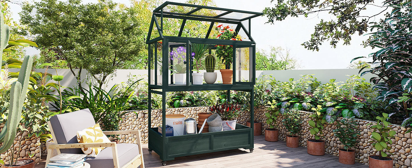 Garden Wood Portable Cold Frame With Movable Wheels Mini Greenhouse With Openable Roof and Storage Box, Forest Green