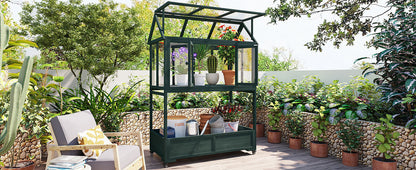 Garden Wood Portable Cold Frame With Movable Wheels Mini Greenhouse With Openable Roof and Storage Box, Forest Green