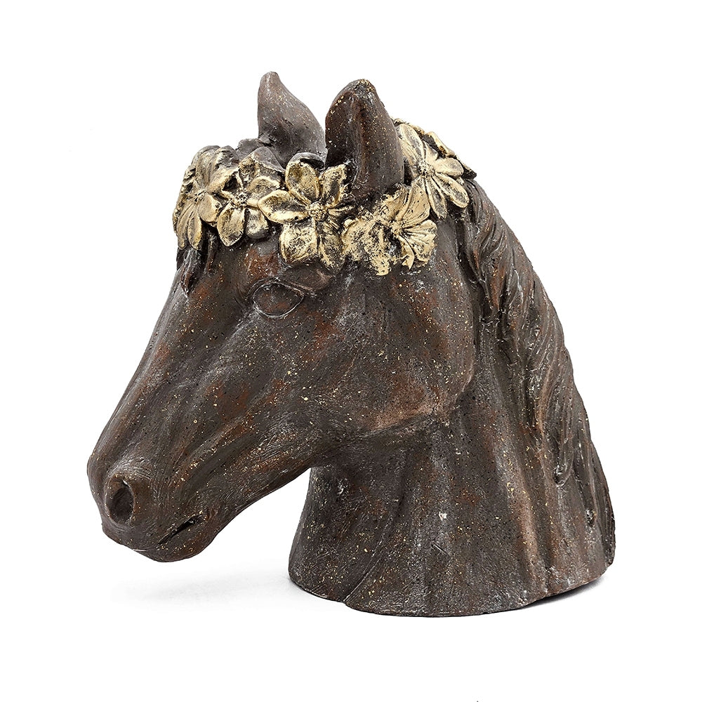 14.5x8.5x13.5' Magnesium Horse Statue Planter With Textured Brown Finish and Gold Leaf Crown