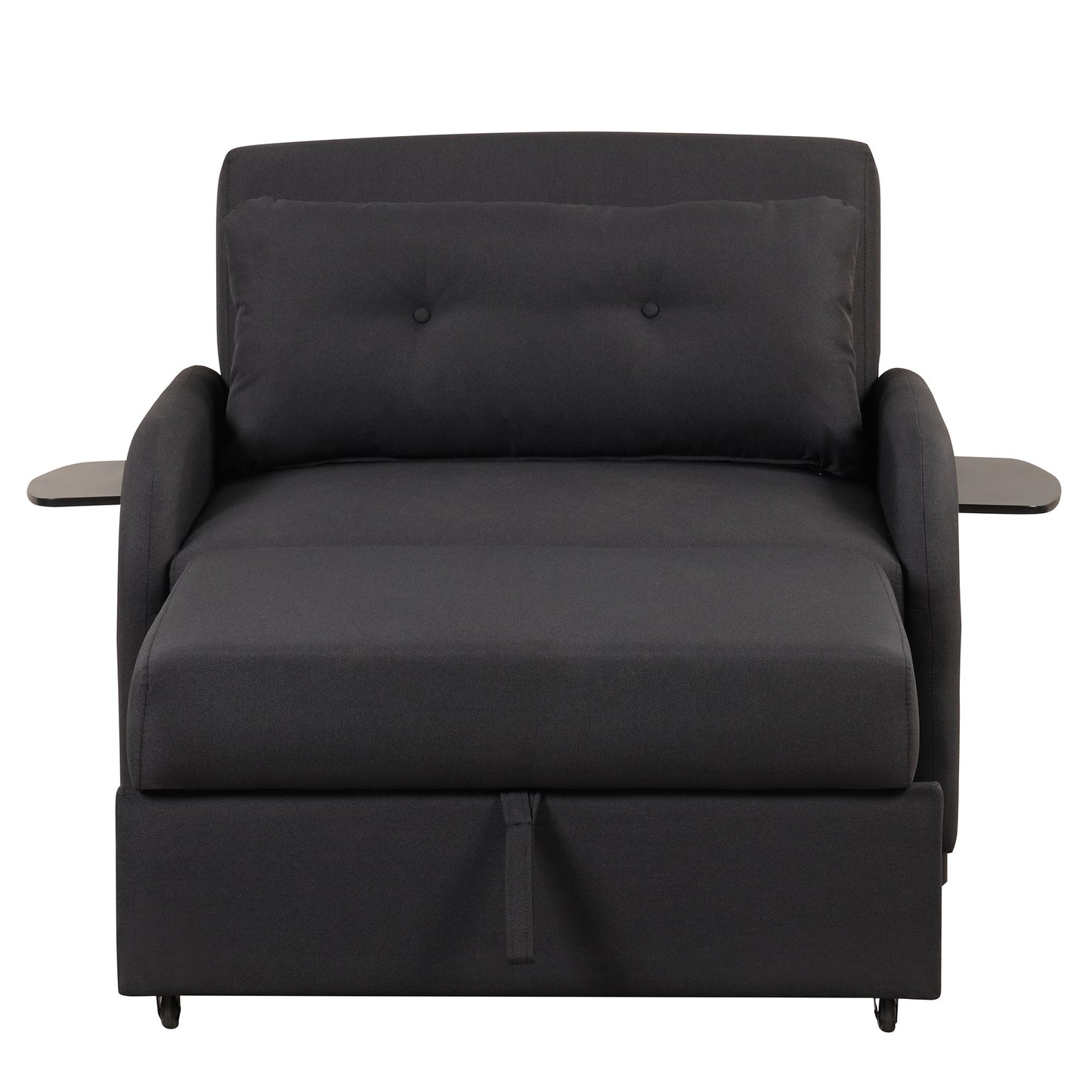 3-In-1 Pull Out Sofa Sleeper With Wing Table and USB Charge, Black Linen Upholstery, Iron Frame