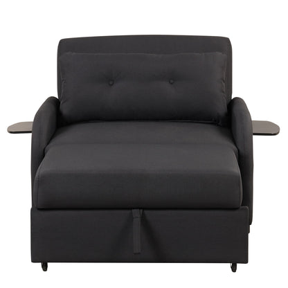 3-In-1 Pull Out Sofa Sleeper With Wing Table and USB Charge, Black Linen Upholstery, Iron Frame