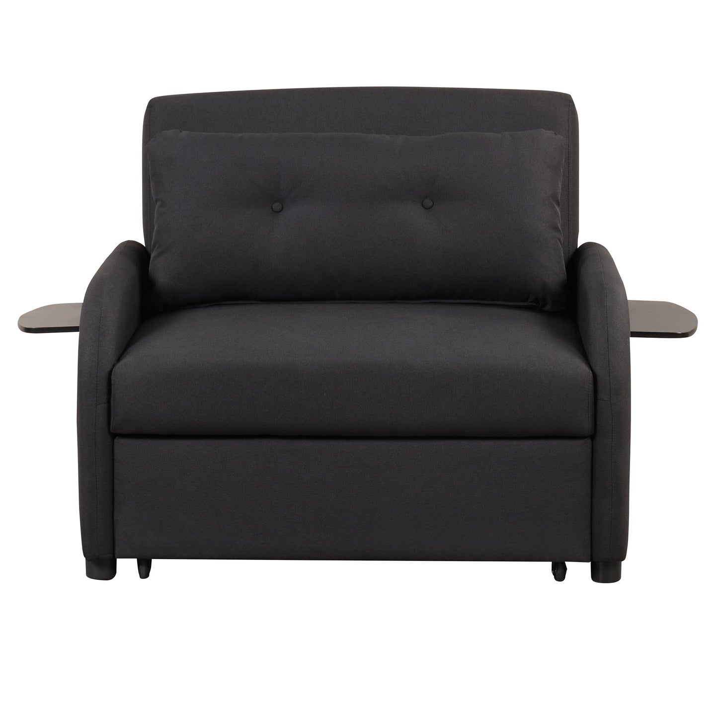 3-In-1 Pull Out Sofa Sleeper With Wing Table and USB Charge, Black Linen Upholstery, Iron Frame