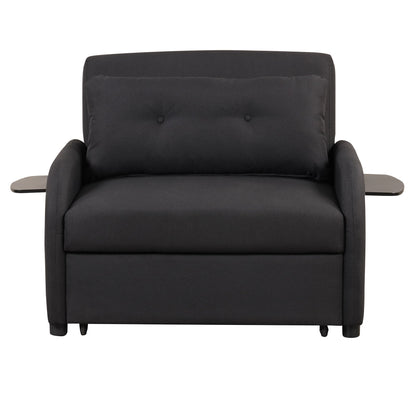 3-In-1 Pull Out Sofa Sleeper With Wing Table and USB Charge, Black Linen Upholstery, Iron Frame