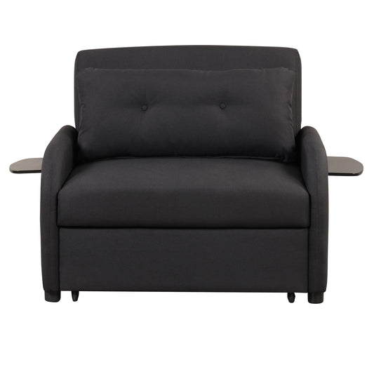 3-In-1 Pull Out Sofa Sleeper With Wing Table and USB Charge, Black Linen Upholstery, Iron Frame