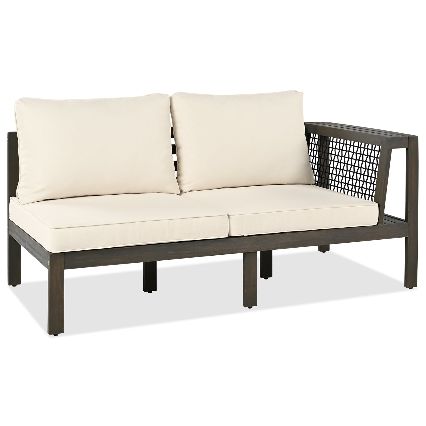 4 Pieces Outdoor Acacia Wood Sofa Set, Woven Mesh Armrests, L-Shaped Patio Furniture Sofa Set With Coffee Table, Outdoor