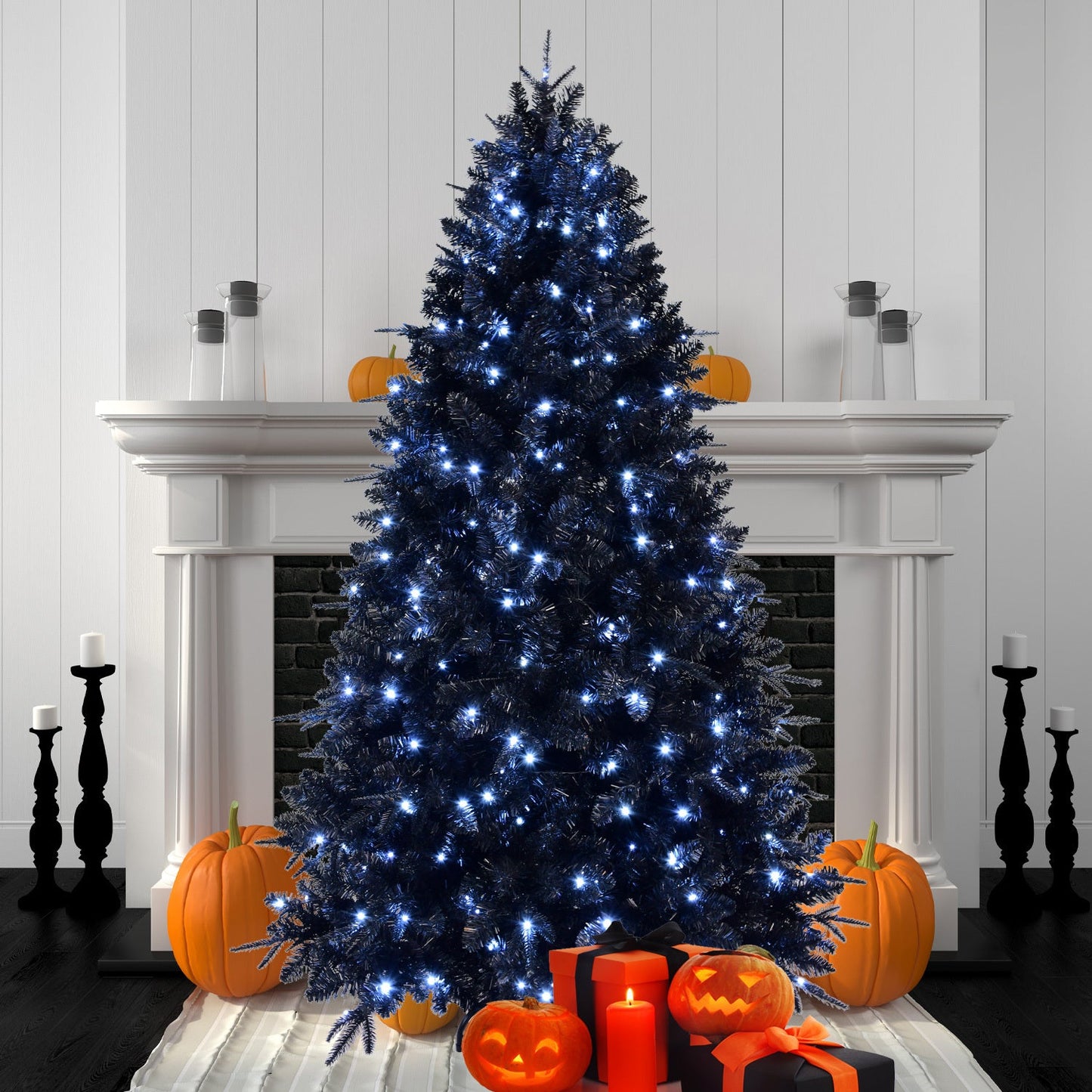 7ft Black Christmas Tree With 450 White LED Lights, 1916 Tips PE+PVC Artificial Tree for Halloween & Holiday Decor, Hing