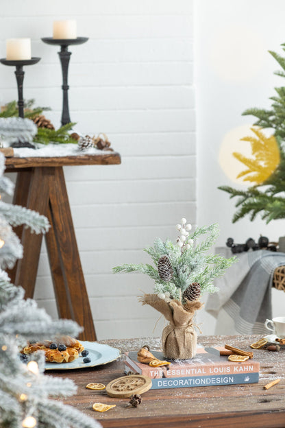 Set of 2, 15''H Frosted Artificial Trees With Pinecones and Faux Berry Accents, Festive Tabletop Decor, for Seasonal Cen