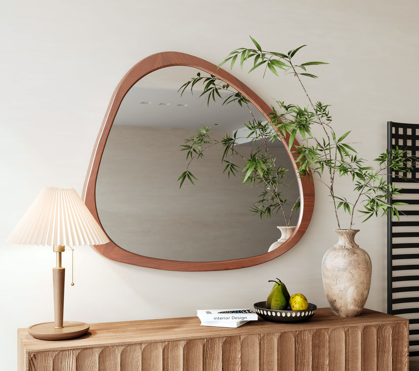 Solid Wood Mirror 45 Inch Asymmetrical Wall Mirror Wooden Framed Mirror Large Sized Dressing Mirror, for Living Room, Be