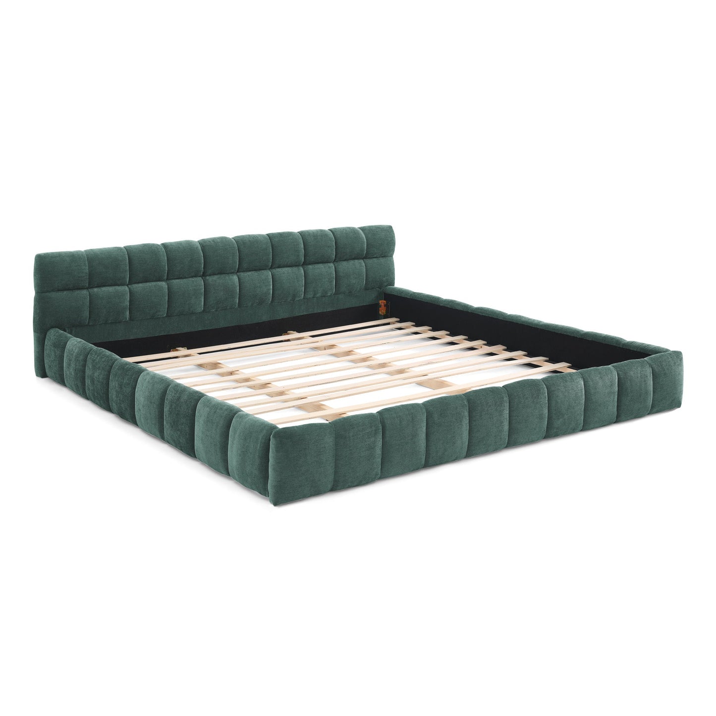 California King Size Upholstered Bed Frame With Thick Fabric, Chenille Fabric Grounded Queen Size Platform Bed With Head