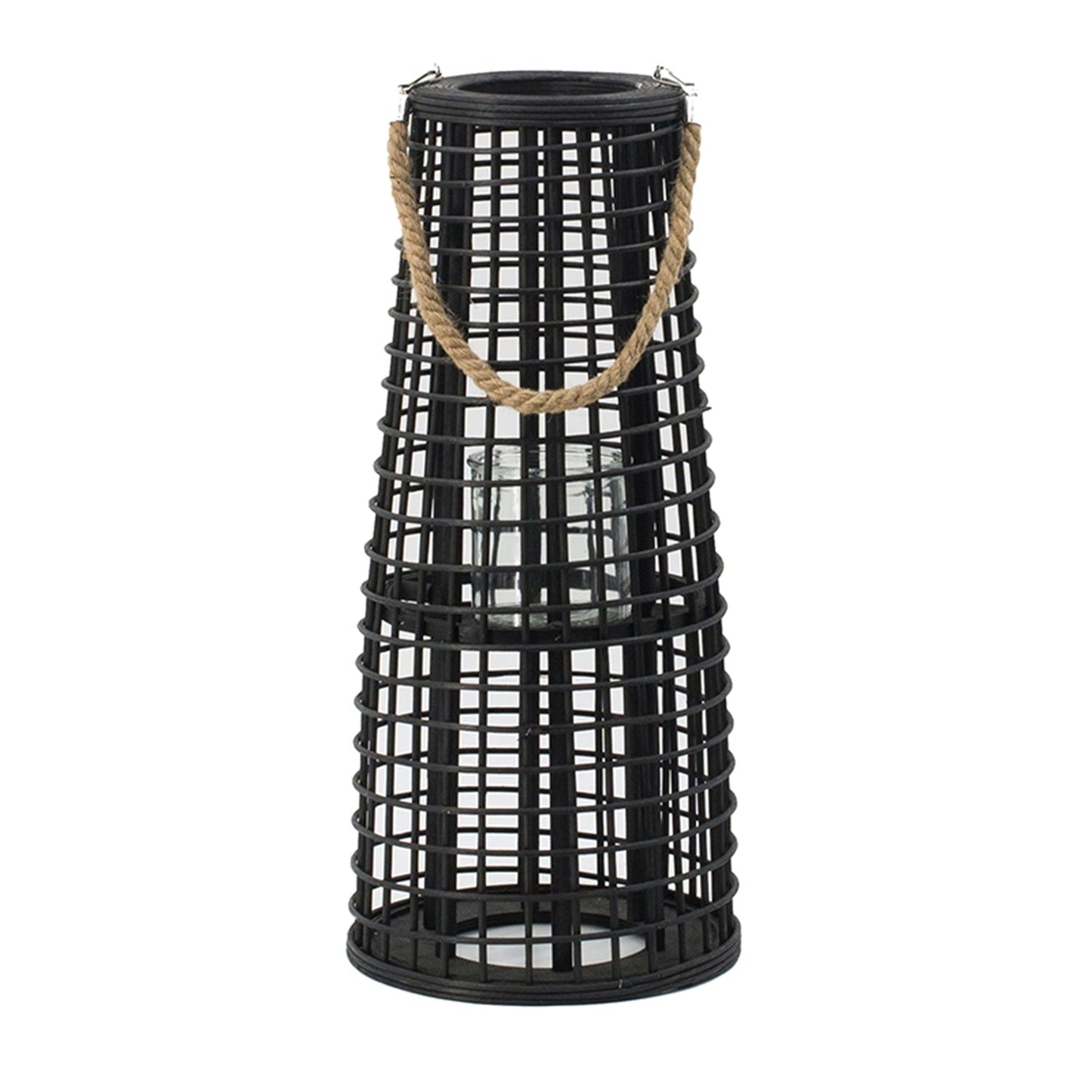 D9.5x21' Woven Rattan Hurricane Lantern With Hemp Rope, Black