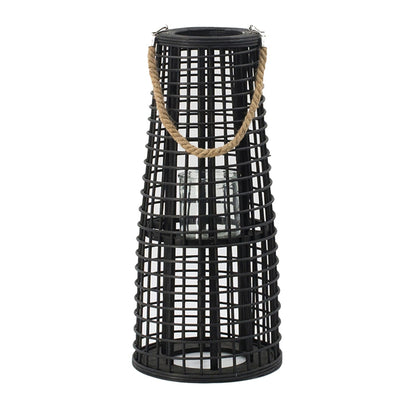 D9.5x21' Woven Rattan Hurricane Lantern With Hemp Rope, Black