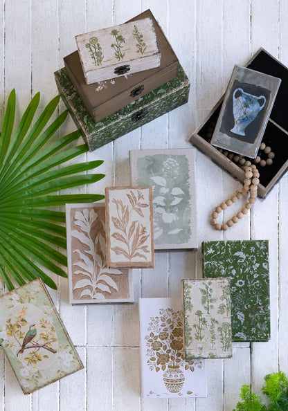 Set of 2 Decorative Book Boxes With Blue and Gold Vase Motifs, L:7x3x10.5' S:5x2x8.3'