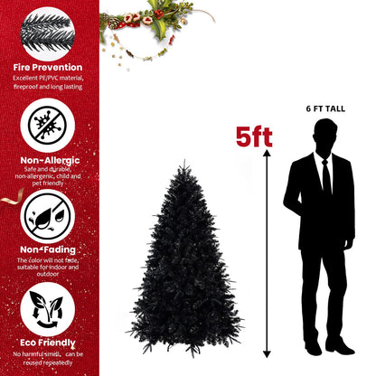 7.5ft Black Christmas Tree With 500 White LED Lights, 2156 Tips PE+PVC Artificial Tree for Halloween & Holiday Decor, Hi