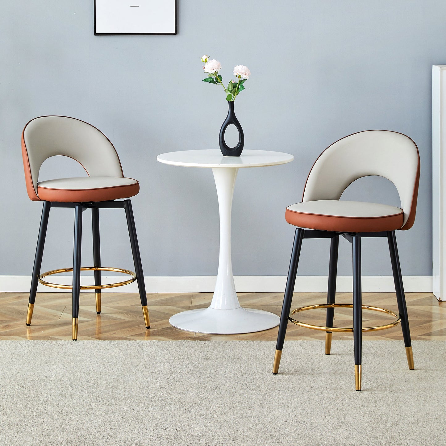 Modern Brown and Light Gray Spliced PU Upholstered Rotatable Bar Chair With Black Metal Legs for Dining Room and Kitchen