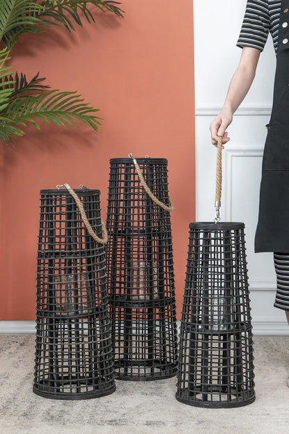 D9.5x21' Woven Rattan Hurricane Lantern With Hemp Rope, Black