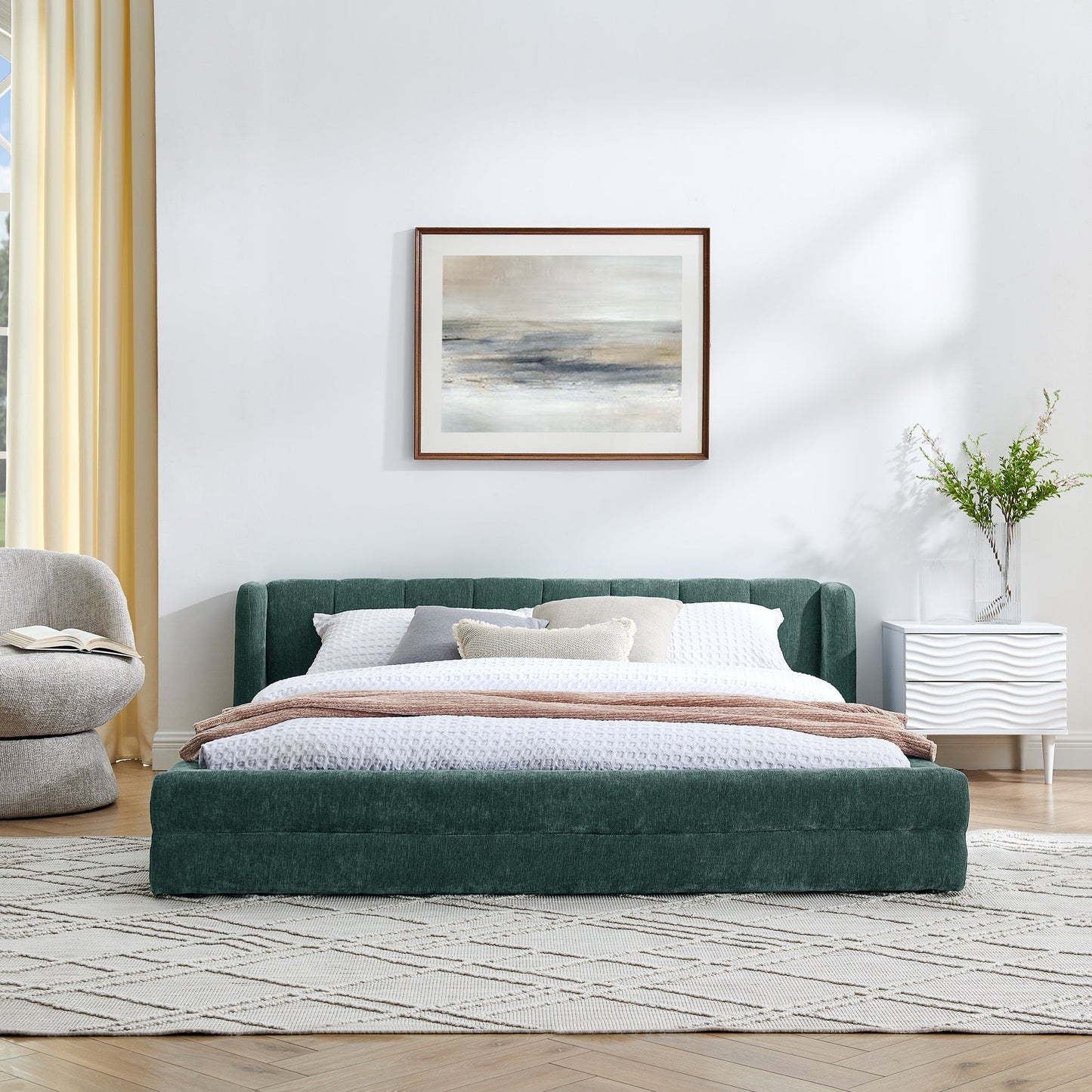 Modern Queen Size Upholstered Bed Frame With Chenille Fabric and Headboard in Blue-Green
