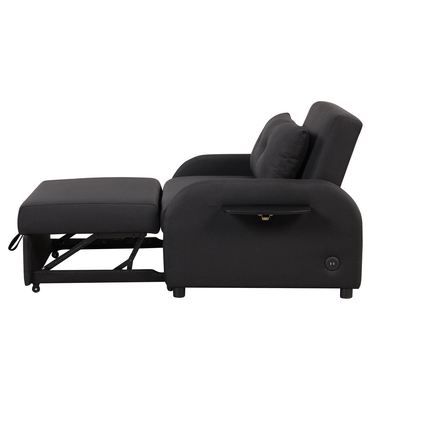 3-In-1 Pull Out Sofa Sleeper With Wing Table and USB Charge, Black Linen Upholstery, Iron Frame