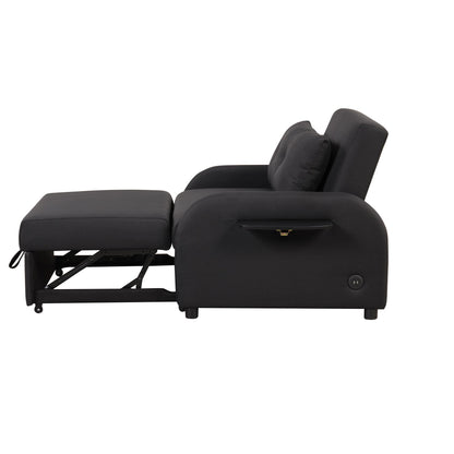 3-In-1 Pull Out Sofa Sleeper With Wing Table and USB Charge, Black Linen Upholstery, Iron Frame
