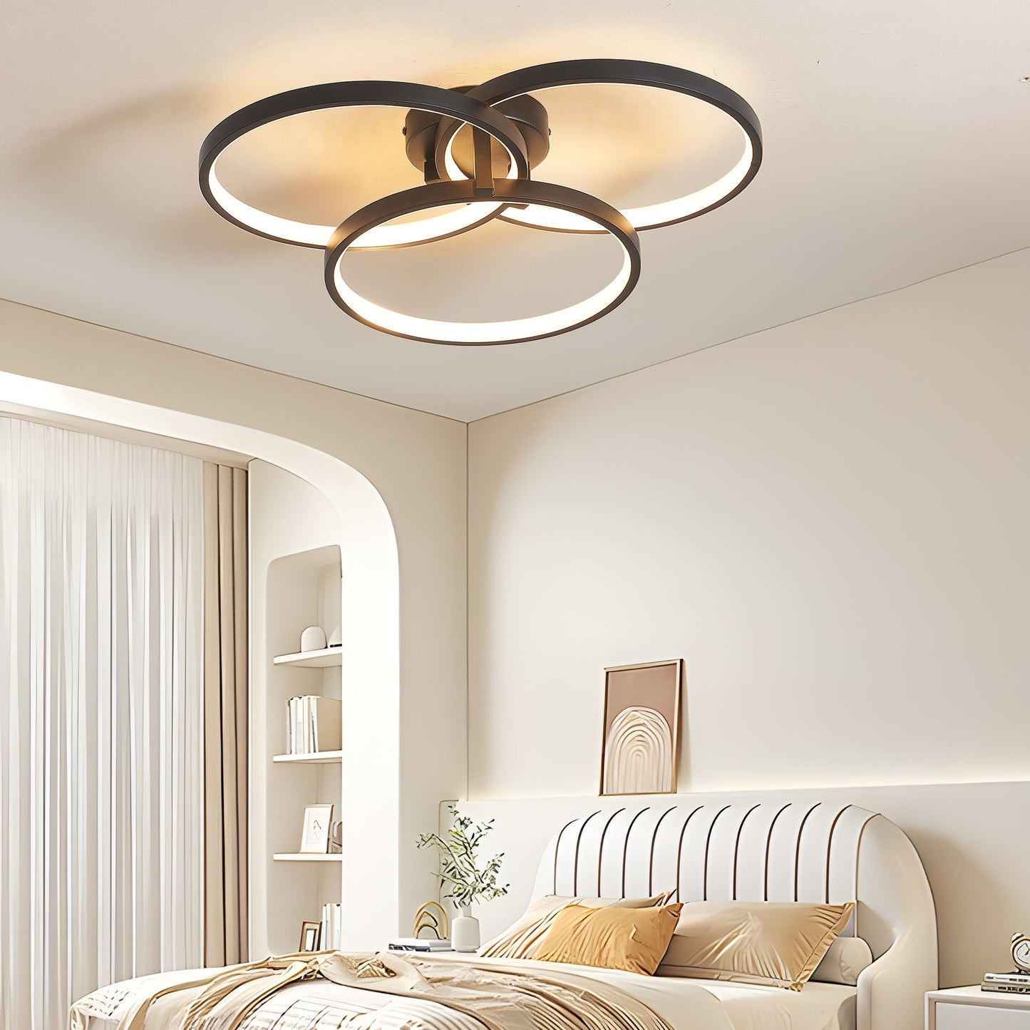 20' Modern Black LED Ceiling Light, 3-Ring Flush Mount Fixture for Living Room, Bedroom, or Dining Room, Sleek and Energ