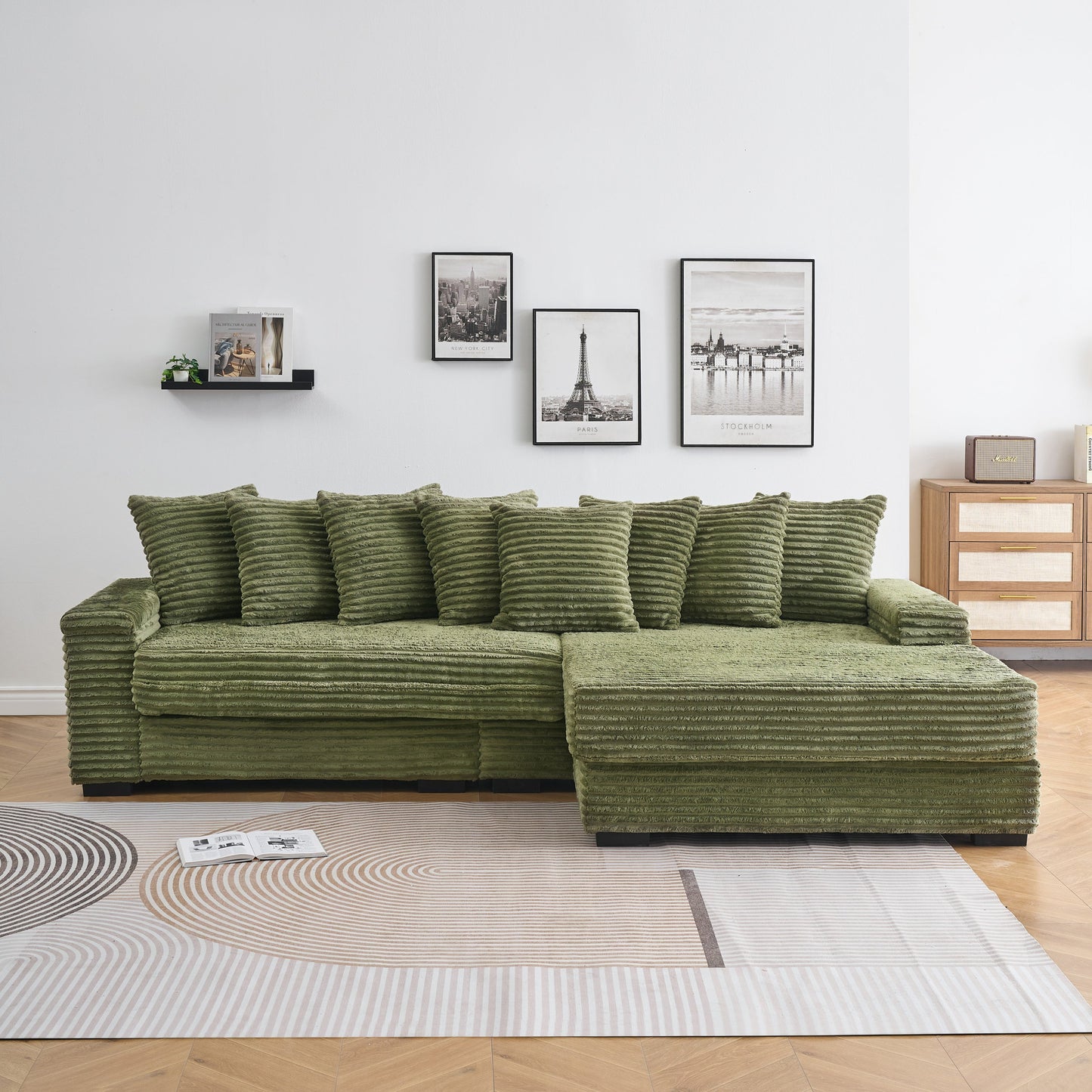 111.4 'Green Flannelette Sofa, Elegant Shelter Choice - Living Room, Bedroom, Office Ideal Companion, With Eight Exquisi