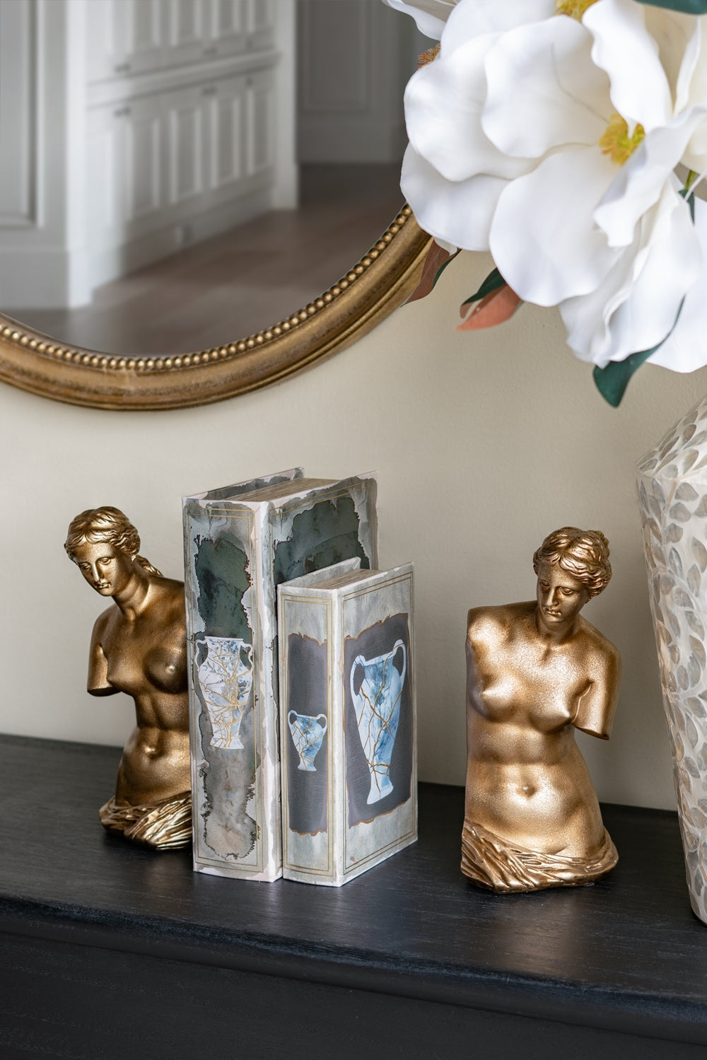 Set of 2 Decorative Book Boxes With Blue and Gold Vase Motifs, L:7x3x10.5' S:5x2x8.3'