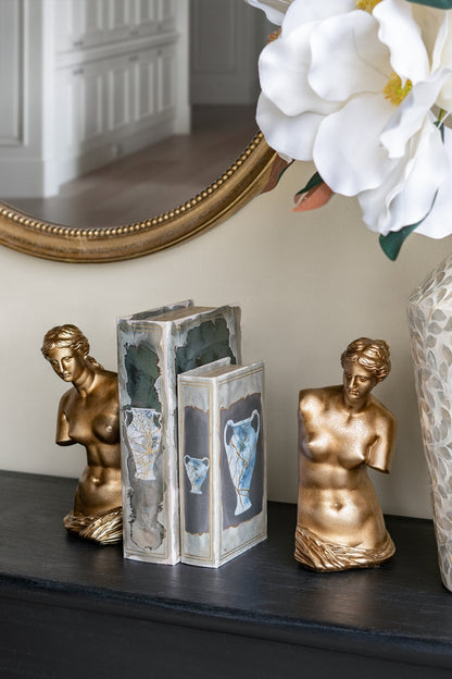 Set of 2 Decorative Book Boxes With Blue and Gold Vase Motifs, L:7x3x10.5' S:5x2x8.3'