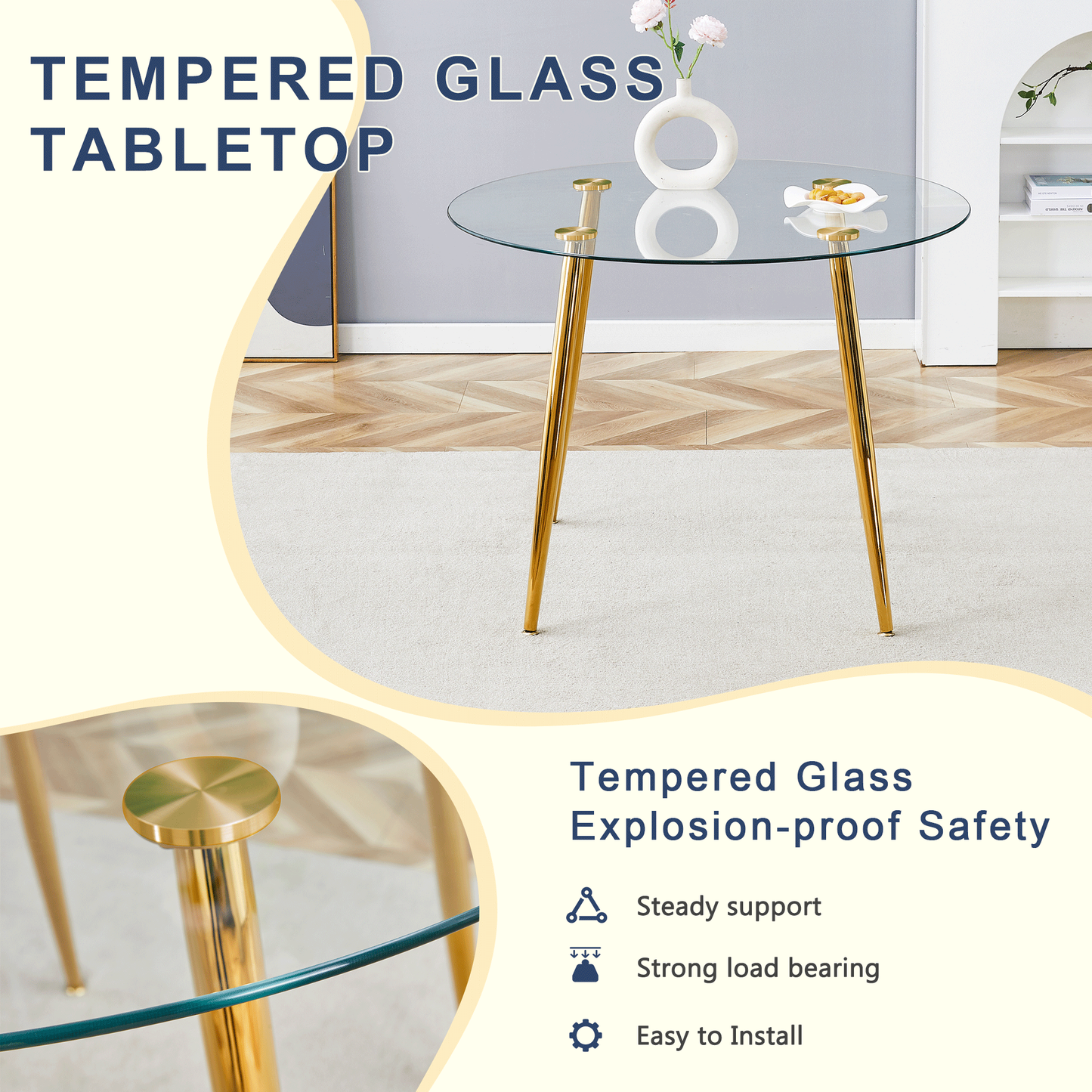 Table and Chair Set.39.7 Inch Diameter Modern Luxury Glass Dining Table and Chair Set - Gold Metal Legs.Paired With 4 WH
