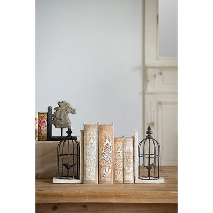 S/2 5.5x4.5x10'  Distressed Black Bird Cage Bookend, Antique White