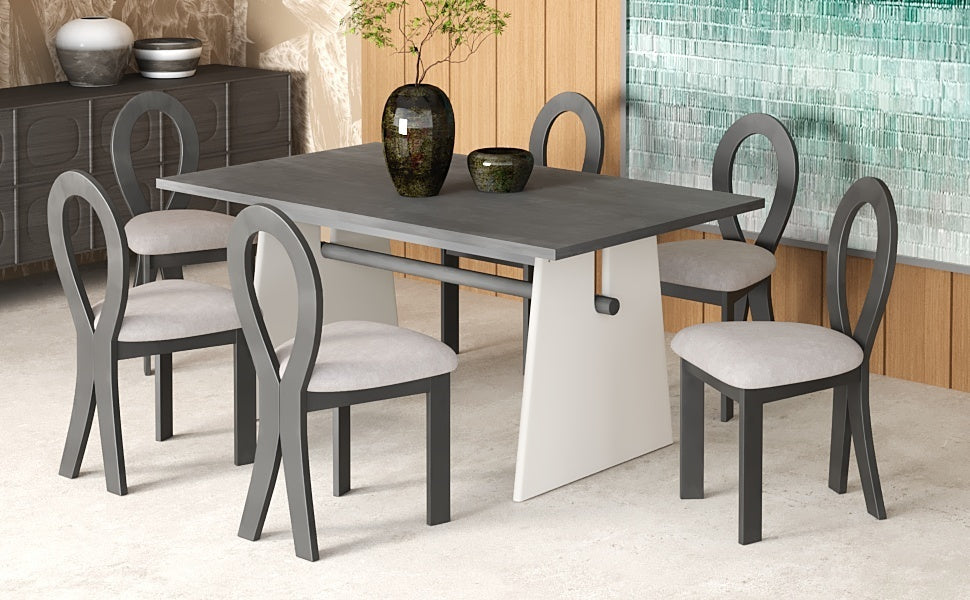 Modern 7-Piece Dining Table Set With Trestle Dining Table and 6 Upholstered Dining Chairs, Compact Kitchen Table Set For
