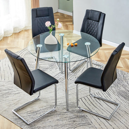Table and Chair set.A 38.6' Diameter Transparent Tempered Glass Round Dining Table-Silver Metal Legs.Paried With 4 Black