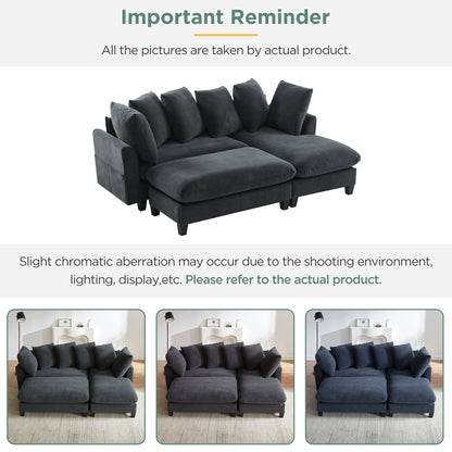 Black Upholstered 83' L-Shaped Sectional Sofa With Storage, Movable Ottoman, and Six Throw Pillows
