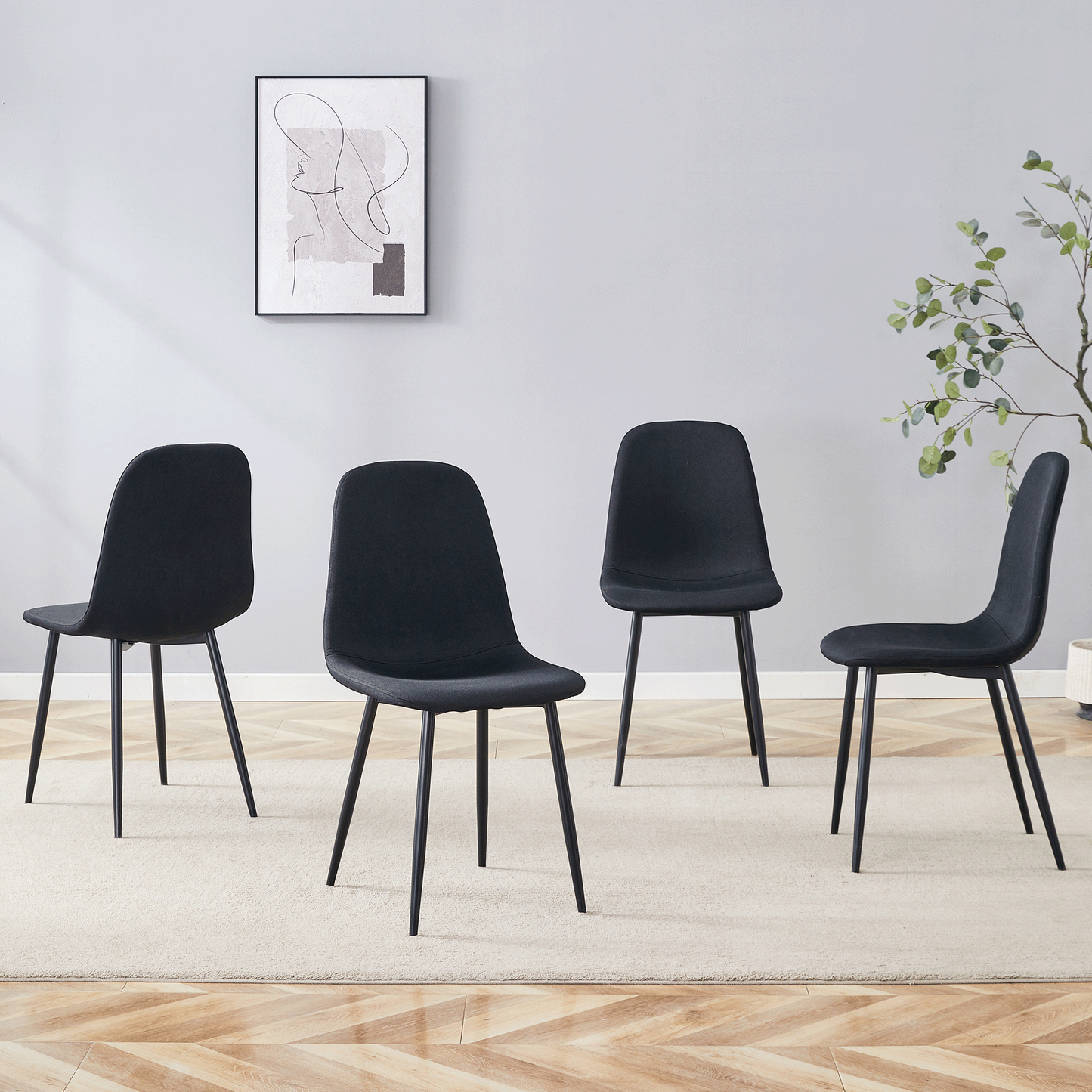 Luxury Simple Chair - Set of 4 BLACK Linen-Cotton Material High Resilience Dining Chair With Metal Black Leg.Integral Me