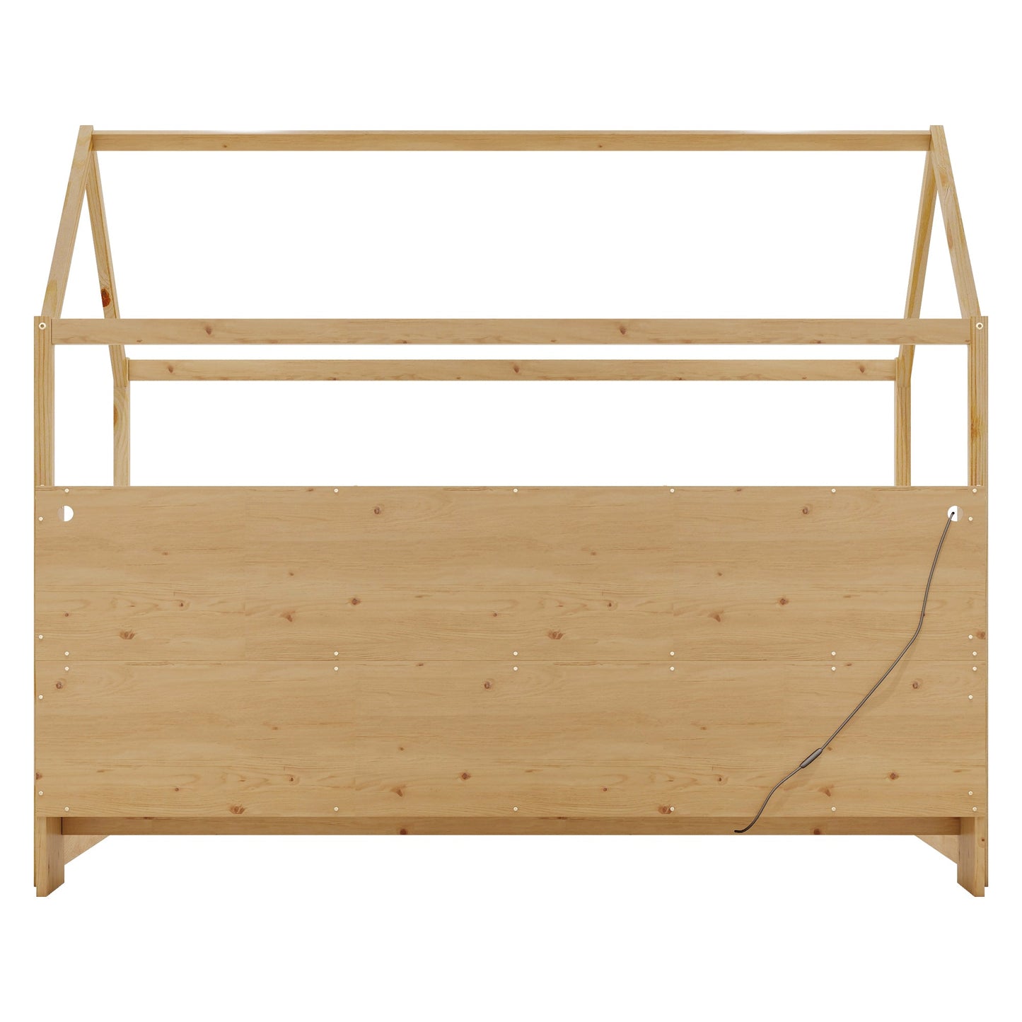 Twin Size House Bed With LED Light, Wood House Bed With Storage Bookshelf, Floor House Bed With Guardrails for Kids, Nat