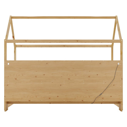 Twin Size House Bed With LED Light, Wood House Bed With Storage Bookshelf, Floor House Bed With Guardrails for Kids, Nat