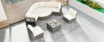Patio Furniture Set Outdoor Daybed Rattan Sectional With Cushions and Center Table, Beige, Iron & Rattan, Multiple Sizes