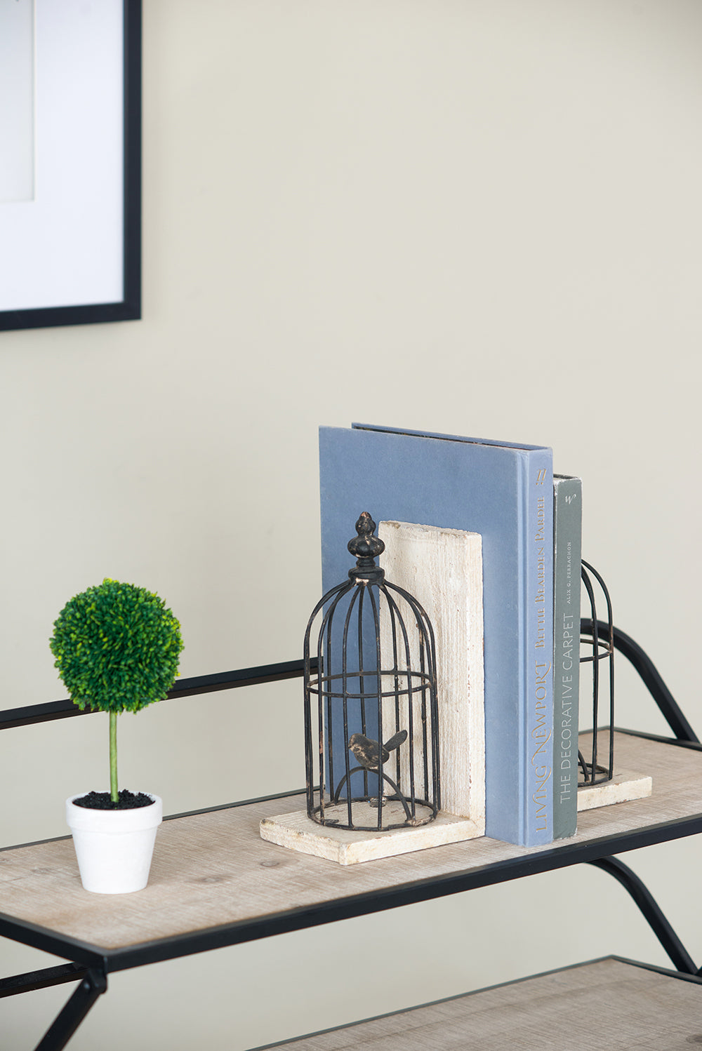 S/2 5.5x4.5x10'  Distressed Black Bird Cage Bookend, Antique White
