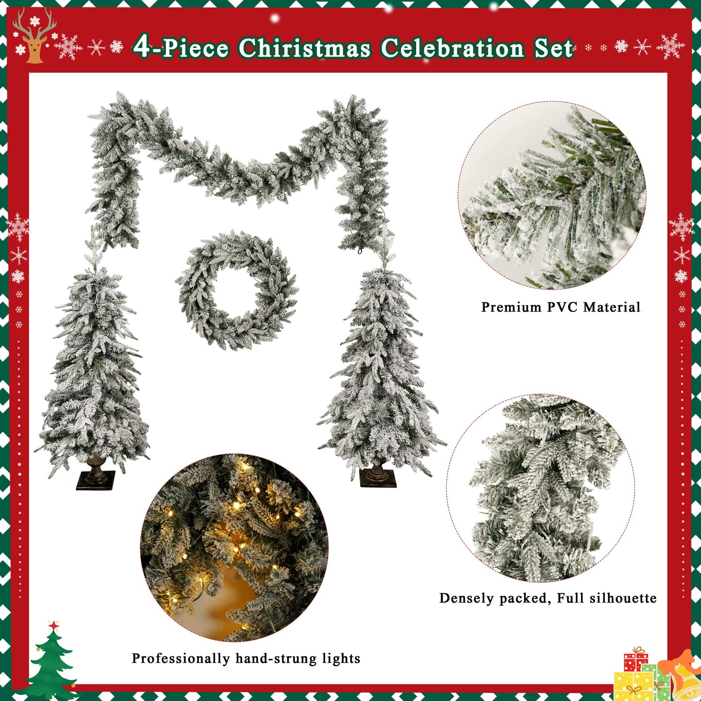 Pre-Lit Christmas Artificial Tree 4-Piece Set, Garland, Wreath and Set of 2 Entrance Trees, X-Mas With LED Lights, PVC F