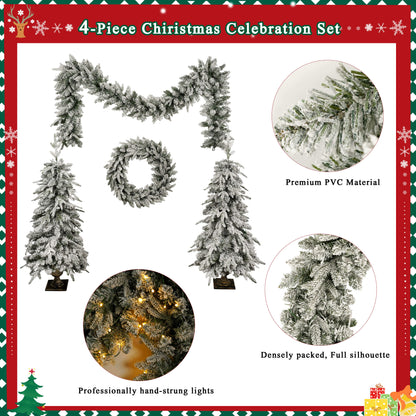 Pre-Lit Christmas Artificial Tree 4-Piece Set, Garland, Wreath and Set of 2 Entrance Trees, X-Mas With LED Lights, PVC F