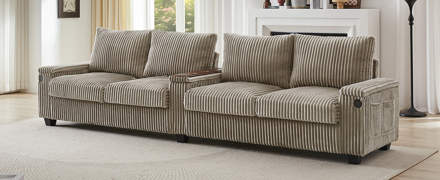 Modern 4-Seater Corduroy Sofa Couch With USB Ports, Hidden Storage Arms, and Flip-Top Cup Holders, Brown, 133 Inches