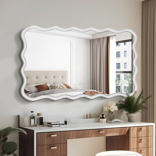 Solid Wood Wavy Rectangle  Mirror-Natural-Wood   40' X 28' Modern Mirror Wall Decor for Bathroom, Bedroom, Living Room,