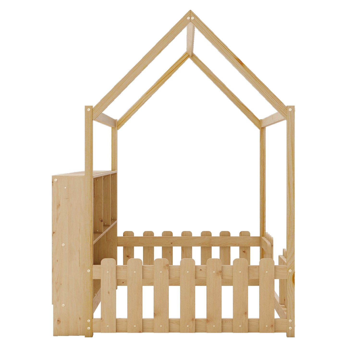 Twin Size House Bed With LED Light, Wood House Bed With Storage Bookshelf, Floor House Bed With Guardrails for Kids, Nat